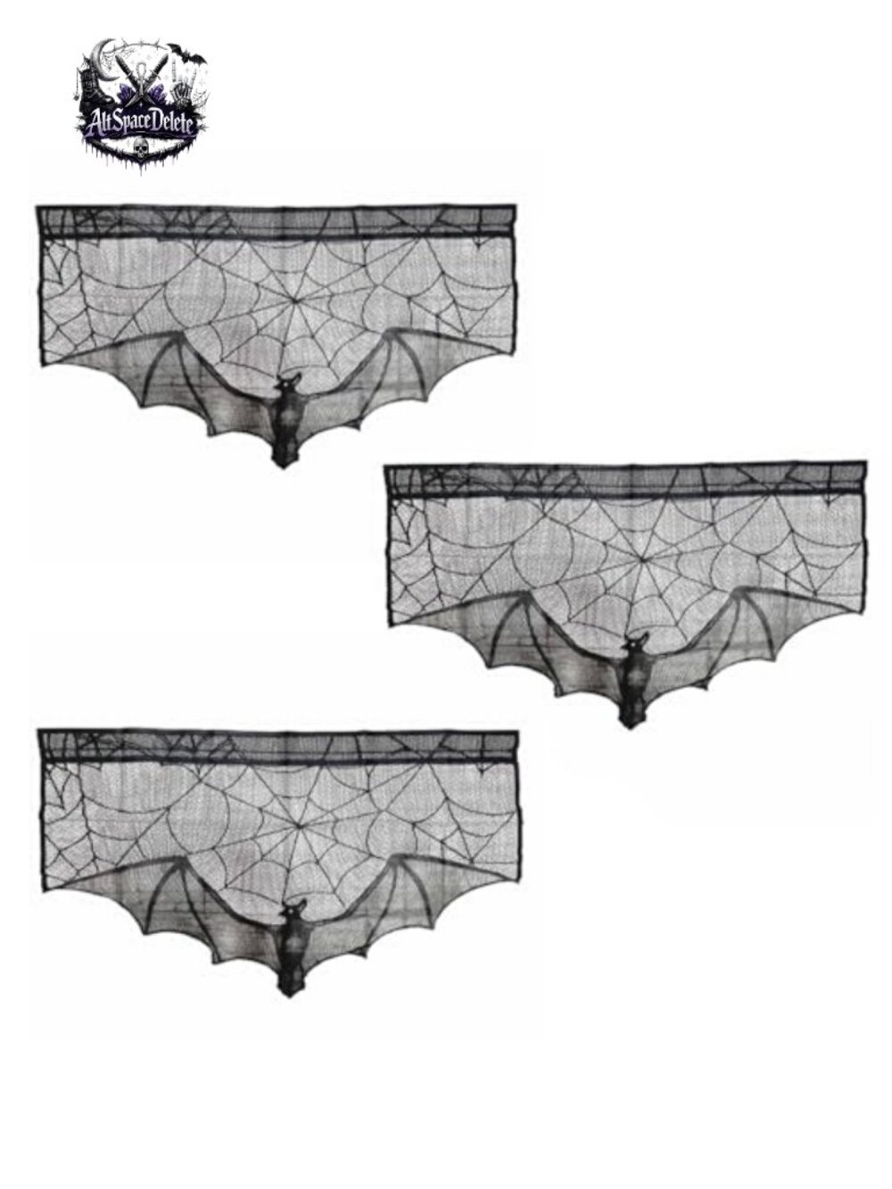 3pc Black Lace Halloween Gothic Bat Window Curtain Set Sheer Panels 23x36